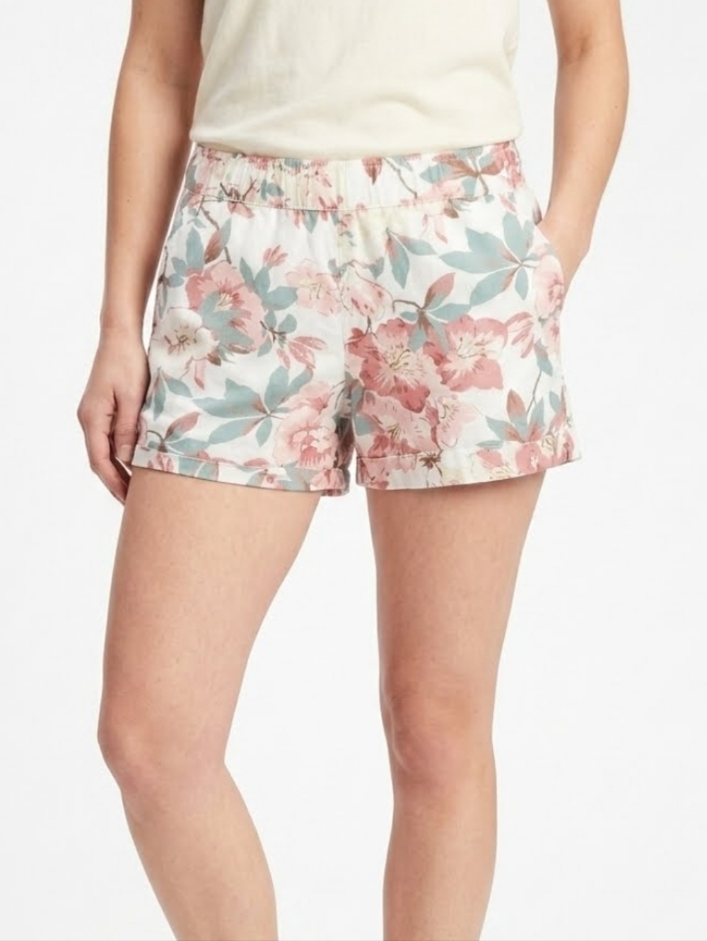 LOFT Women's Floral Elastic Waist Linen Shorts M